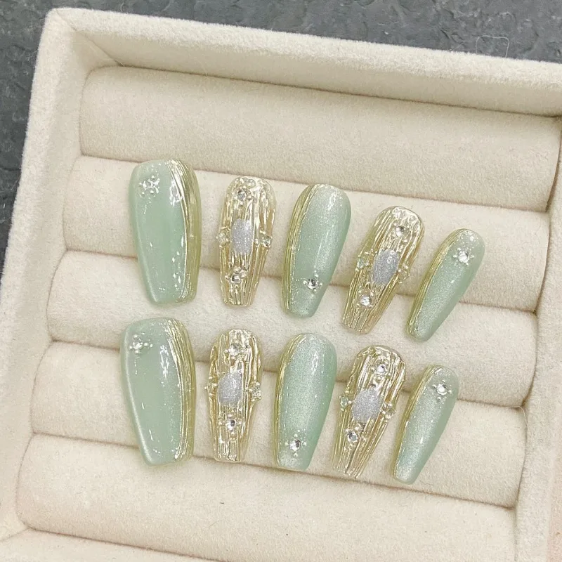 Uñas postizas decorativas para pegar, uñas artificiales hechas a mano extraíbles con diamantes verdes, 10 piezas