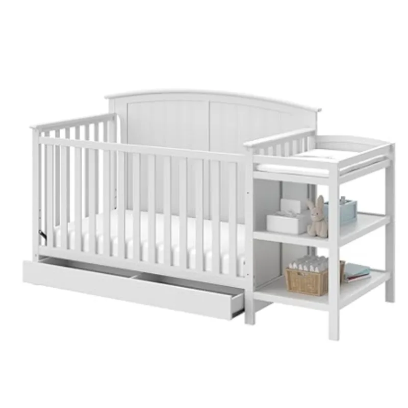 Steveston 5-in-1 Convertible Crib and Changer with Drawer (White) – GREENGUARD Gold Certified, Crib and Changing Table Combo