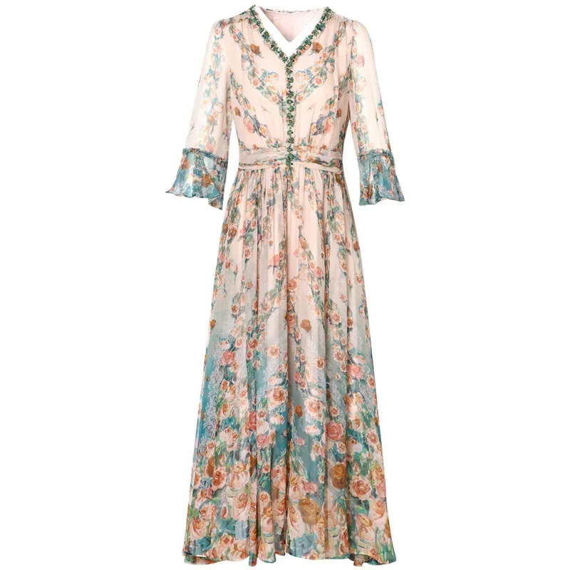 Robe à fleurs fragmentées InjV-Neck Mulberry, jupe de tempérament réduisant l'âge, style doux, haut de gamme, nouveau, été, 2024