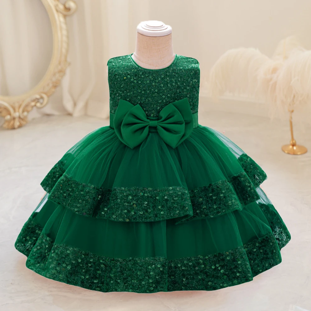 Sequin Bow Baby Girls Party Dresses Toddler 1st Birthday Baptism Dress Lace Wedding Princess Dress for Girls Christmas Prom Gown