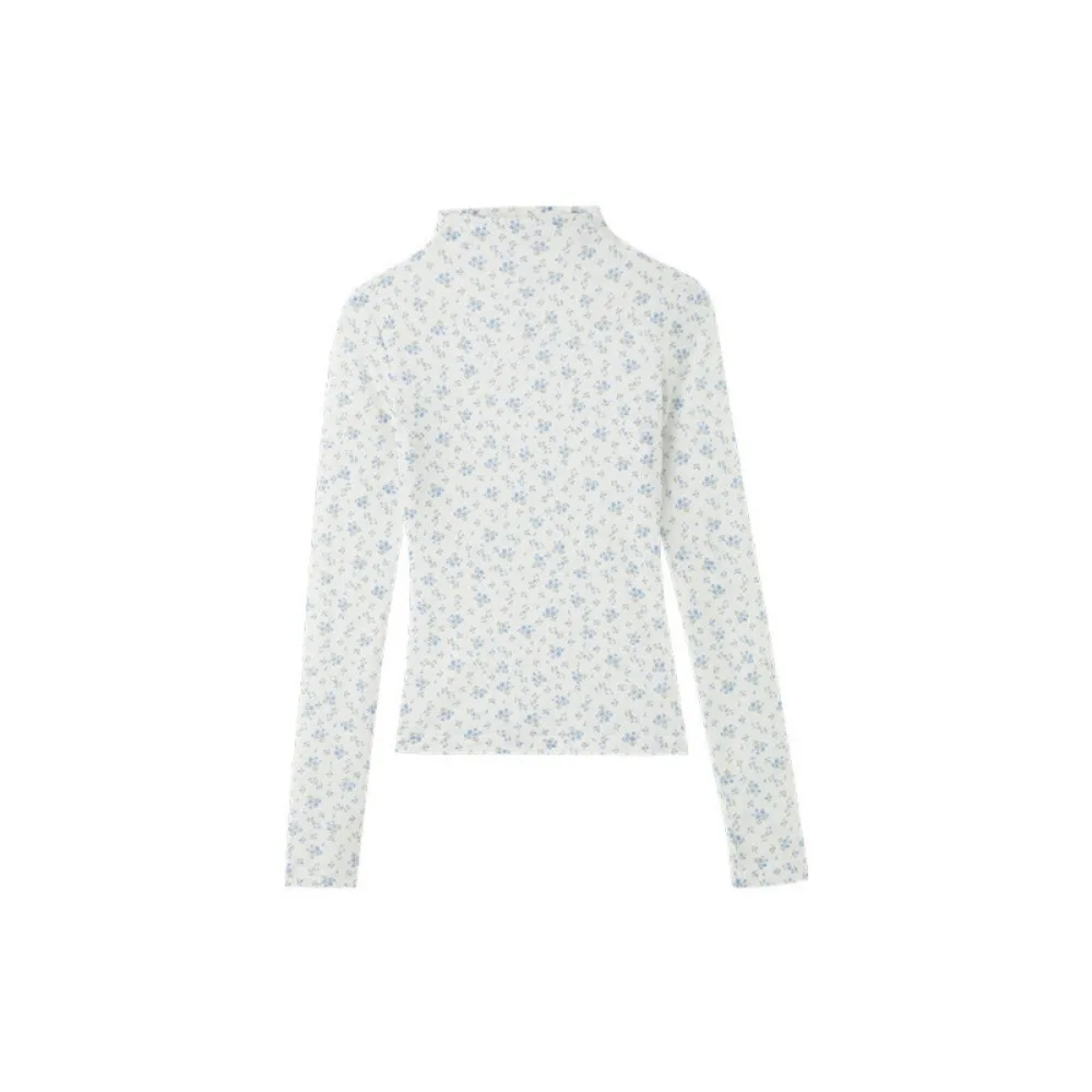 

Elegant Korean Style Layered Shirt Floral Print Long Sleeve T-Shirt Slimming Fit High Collar Inner Wear Women Daily Wear