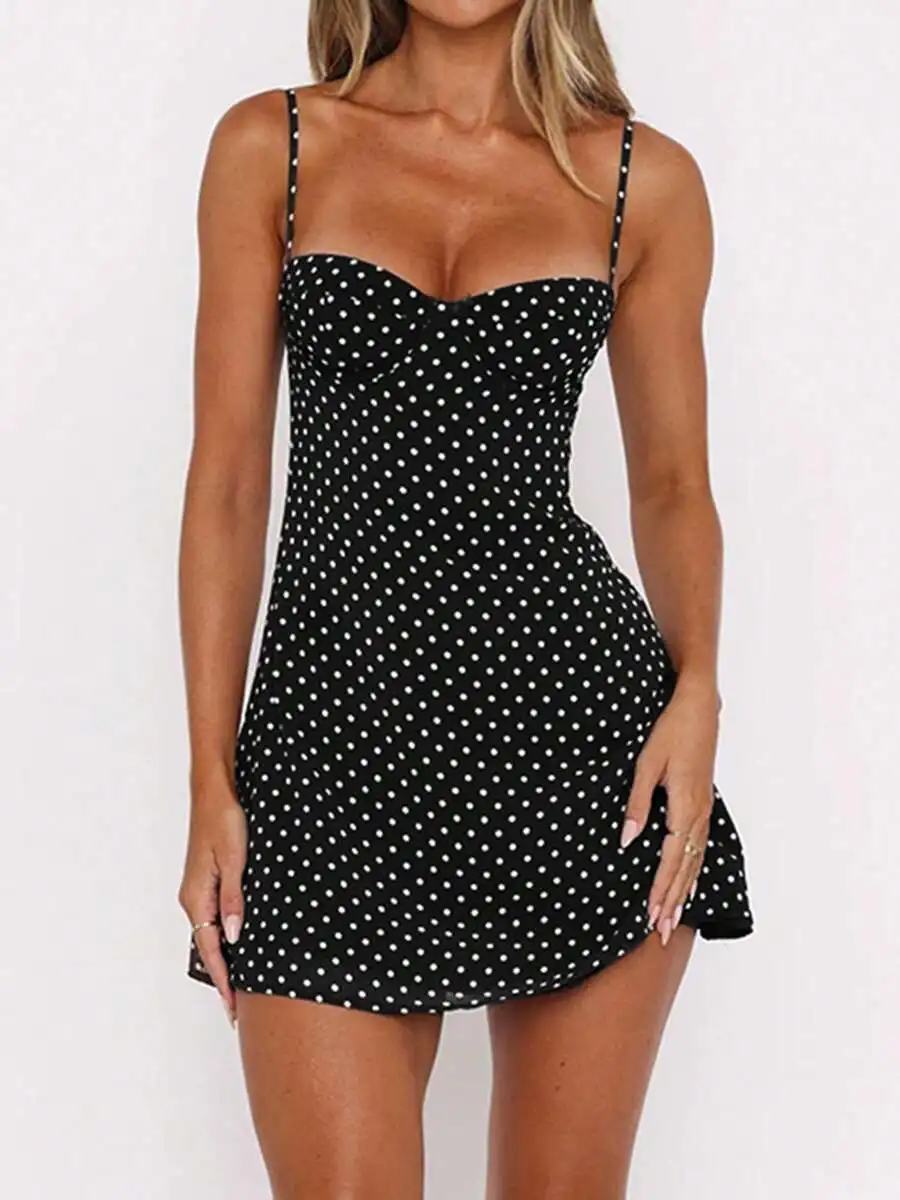 

Black Polka Dot Spaghetti Strap Mini Dress with Sweetheart Neckline