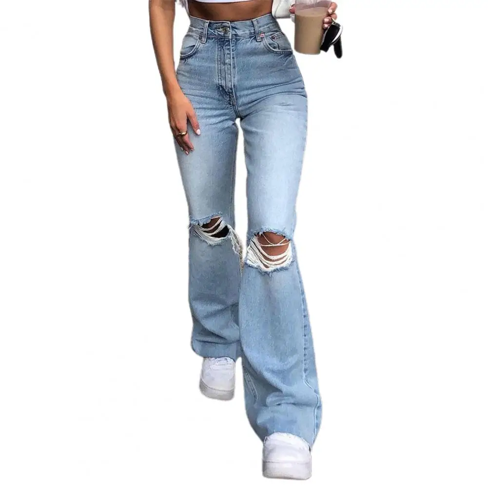 Blue Ripped Boot Cut Jeans For Women Fashion Stretch Knee Ripped Denim Flared Pants Casual Female Trousers Black 2024