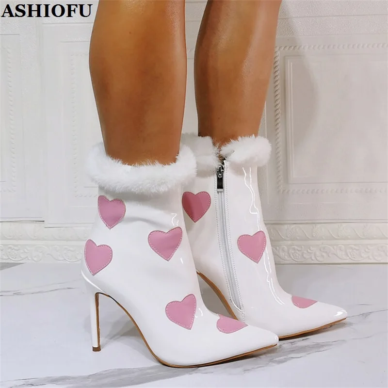 

ASHIOFU Handmade New Real Pictures Women's High Heel Boots Love-heart Faux Fur Dating Ankle Booties Evening Fashion Winter Shoes