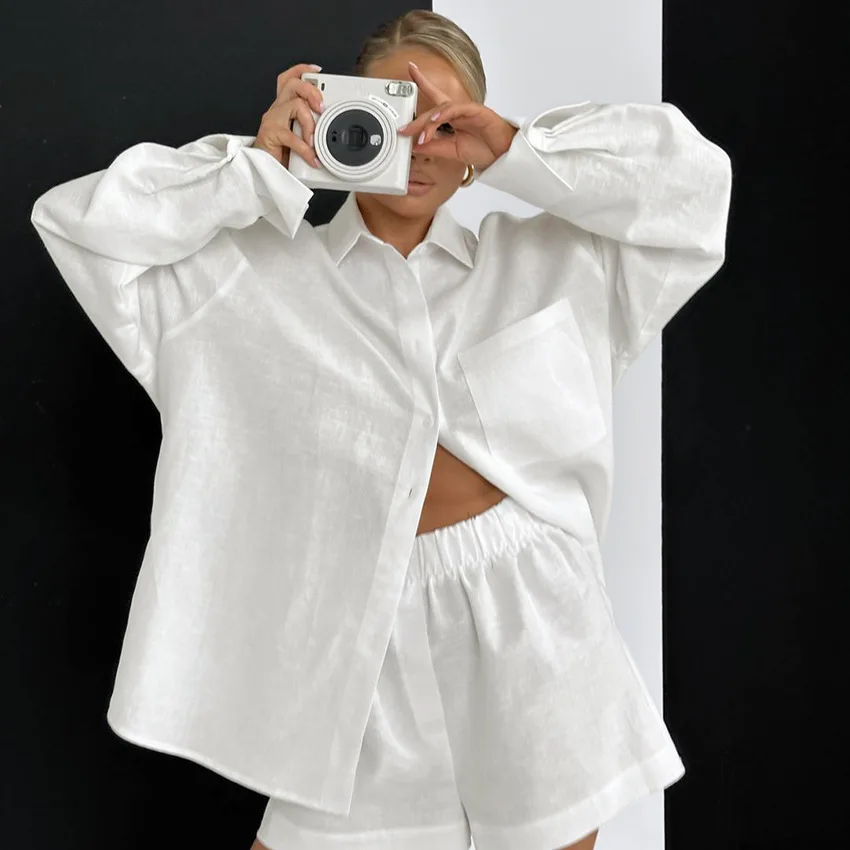 

2023 New White Sleepwear Simple Soft Cardigan Women's Home Pajamas Long Sleeve Shirt+Shorts Loose Casual Suit Sexy Out Clothing