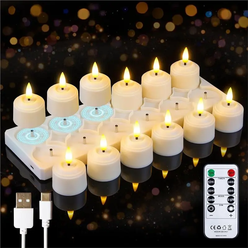 Y42A-Flameless Flickering LED Tea Light Set Of 12 Remote Candles With Rechargeable Charging Station,Base Timer Plastic Votive