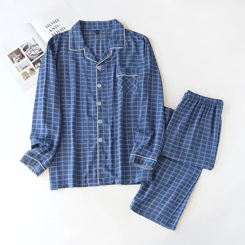 

Home Autumn Two-piece And Long-sleeved Thin Trousers Spring Viscose Men New Summer Men's Cotton Service 100% Plaid Suit Pajamas