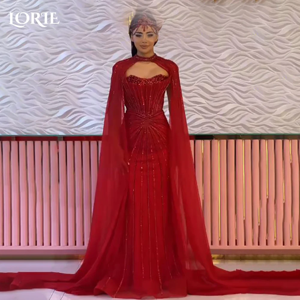 

LORIE Modest Crepe Evening Dresses Elegant Shawl Sleeve Ruinstone Pleat Mermaid Arabia Prom Gown Ruffle Party Dresses Customized