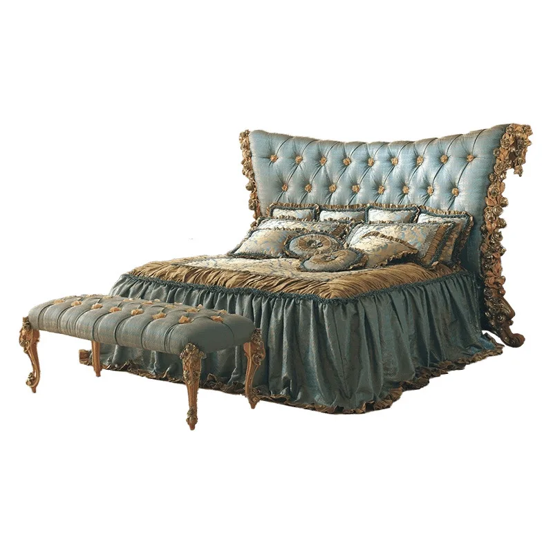 #Italian Solid-wood Carved Upholstered Bed French Style European Luxury Double Bed Rose Motifs Villas Large Homes Custom-made