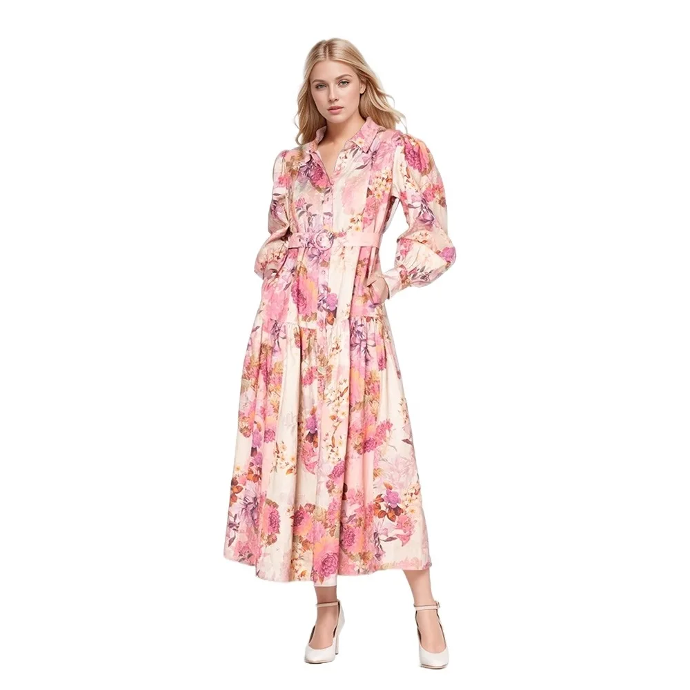 

Doris Fanny Colorblock Printing Spliced Belt Elegant Dresses For Women Lapel Lantern Sleeve High Waist Loose Long Dress Female