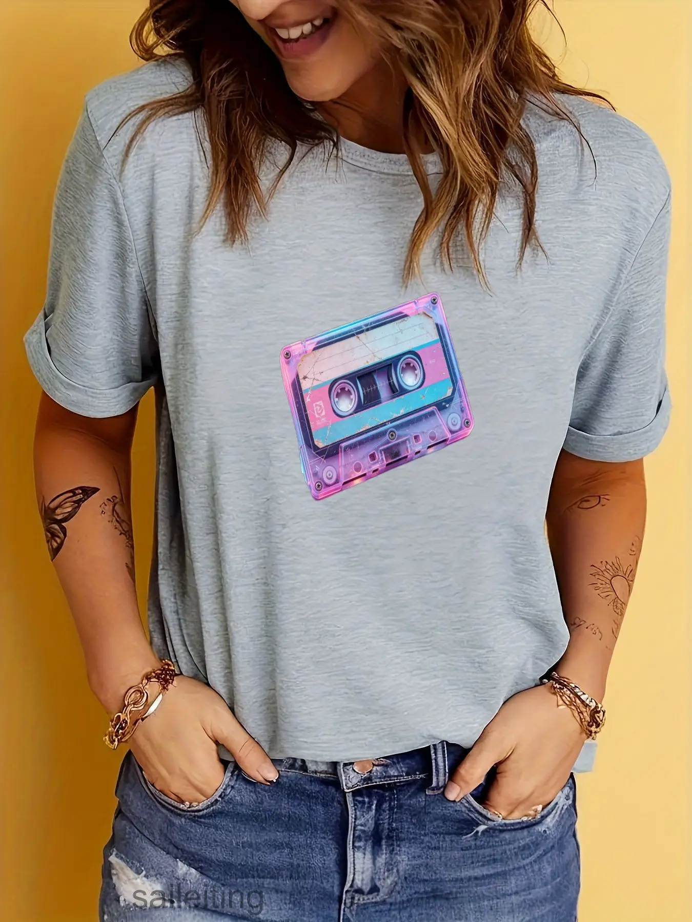 Retro Cassette Tape Watercolor T-Shirt Women Men Pastel Pink Purple Blue Teal Graphic Tee Casual Short Sleeve Rolled Up Summe