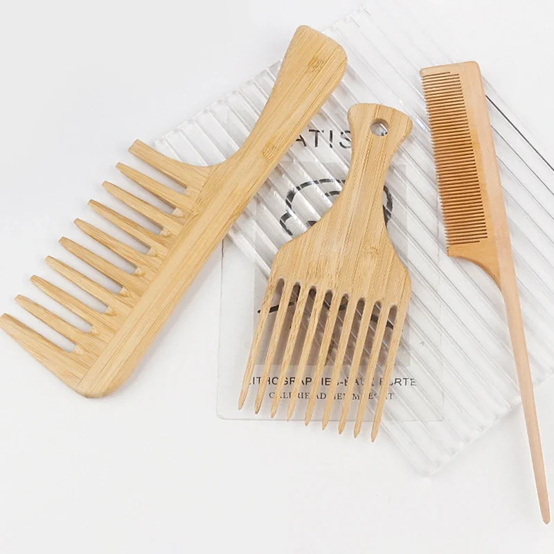 1Pcs Natural Bamboo Wooden Hair Comb Anti-Static Afro Fork Combs for Women Round Wide Tooth Wood Comb Cepillo Para Cabello