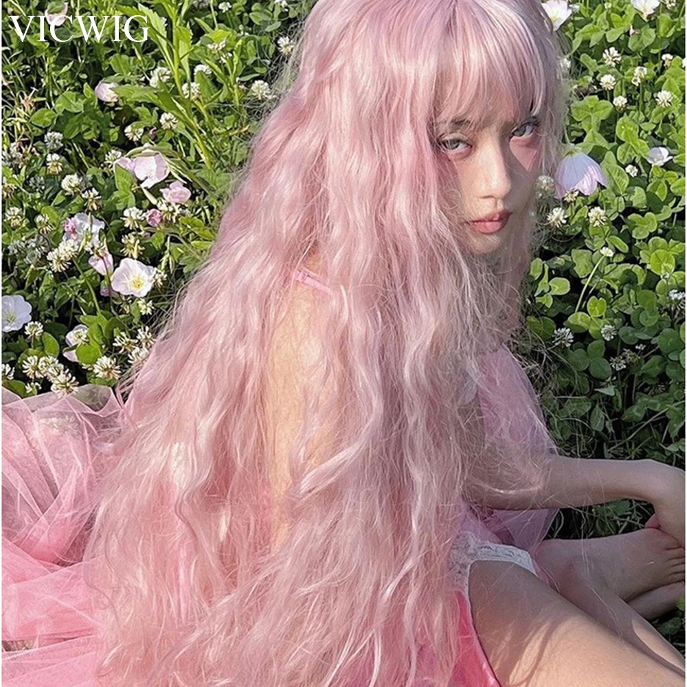 VICWIG 40In Sintético Peruca Longa Encaracolada Branco Rosa Marrom Laranja Lolita Cosplay Mulheres Peruca de Cabelo para Festa Diária