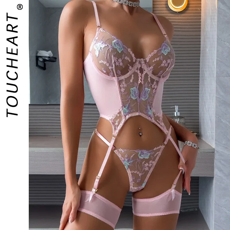 Toucheart Sexy Lingerie Embroidery Printing Bra Garters Set For Women Mesh See- Through Hollow Out Exotic Sexy Underwear Suit