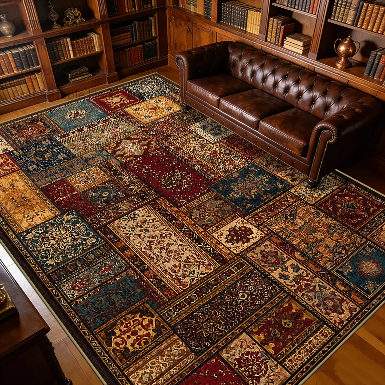 Retro Geometric Stitching CARPET FOR BEDROOM Home Decoration Luxury Fluffy Antiskid Rug Washable Short Velvet Large Floor Mats