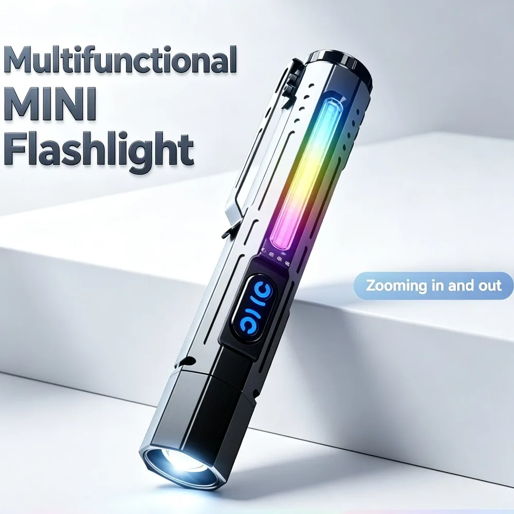 Portable Zoom Flashlight Magnetic Rechargeable RGB Ambient Torch Super Bright Hand Lamp for Outdoor Field Emergency Scenarios
