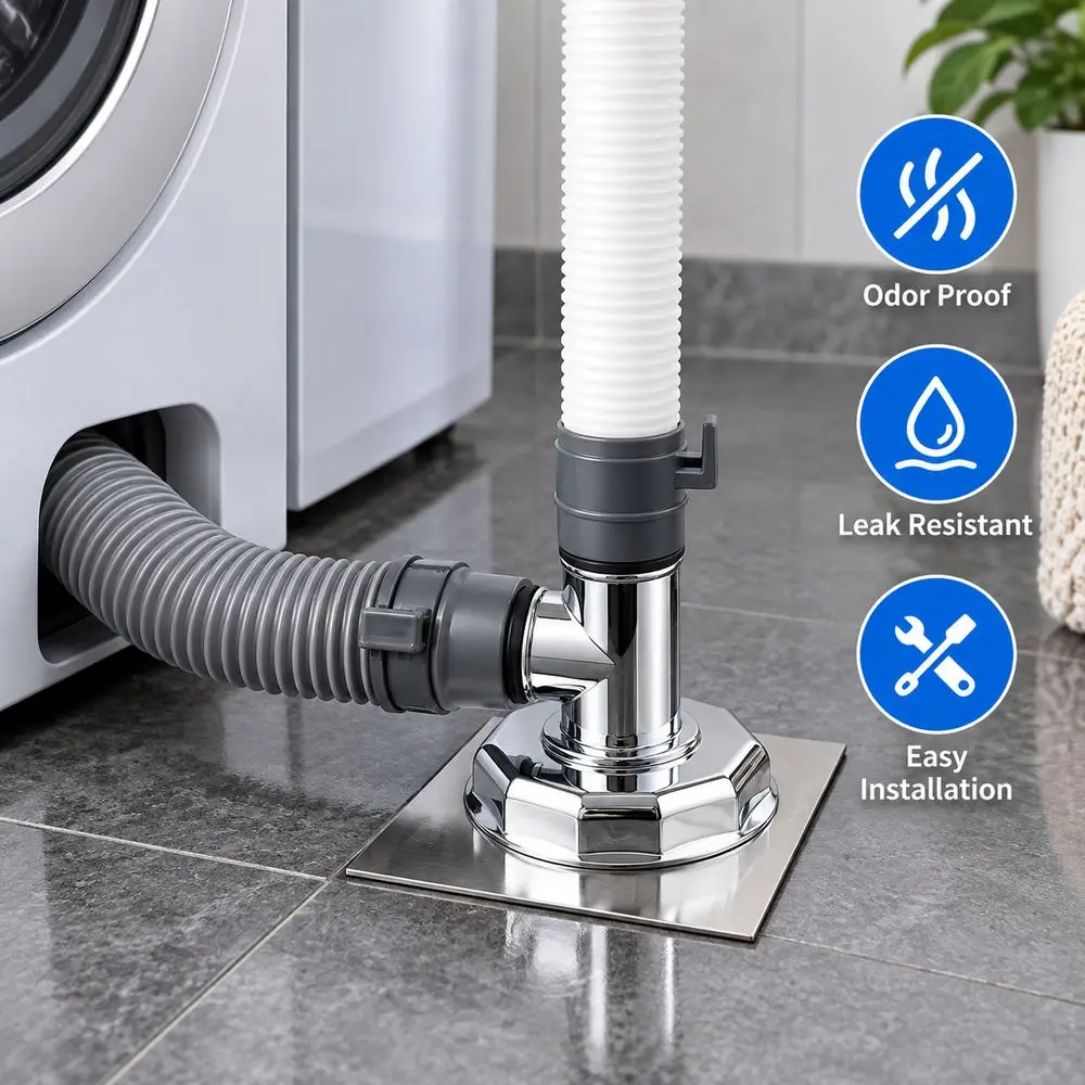 Metal Washing Machine Drain Connector Dual Outlet Threaded Connection Drain Hose Tee Connector Anti-Odor Seal Chrome Plated