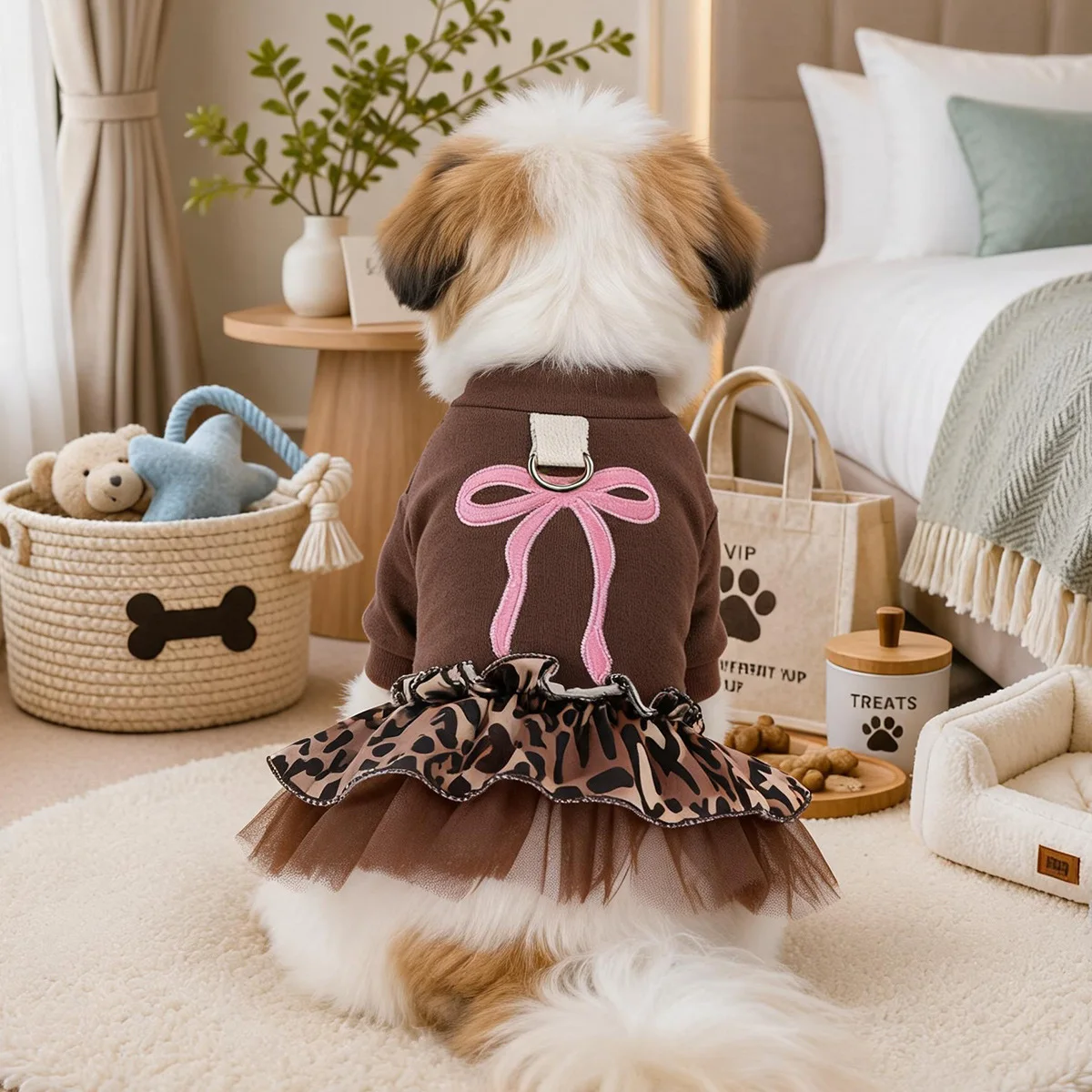 Pet clothes Spring and autumn small dog windproof and warm literary and artistic style leopard print sweetheart skirt puppy