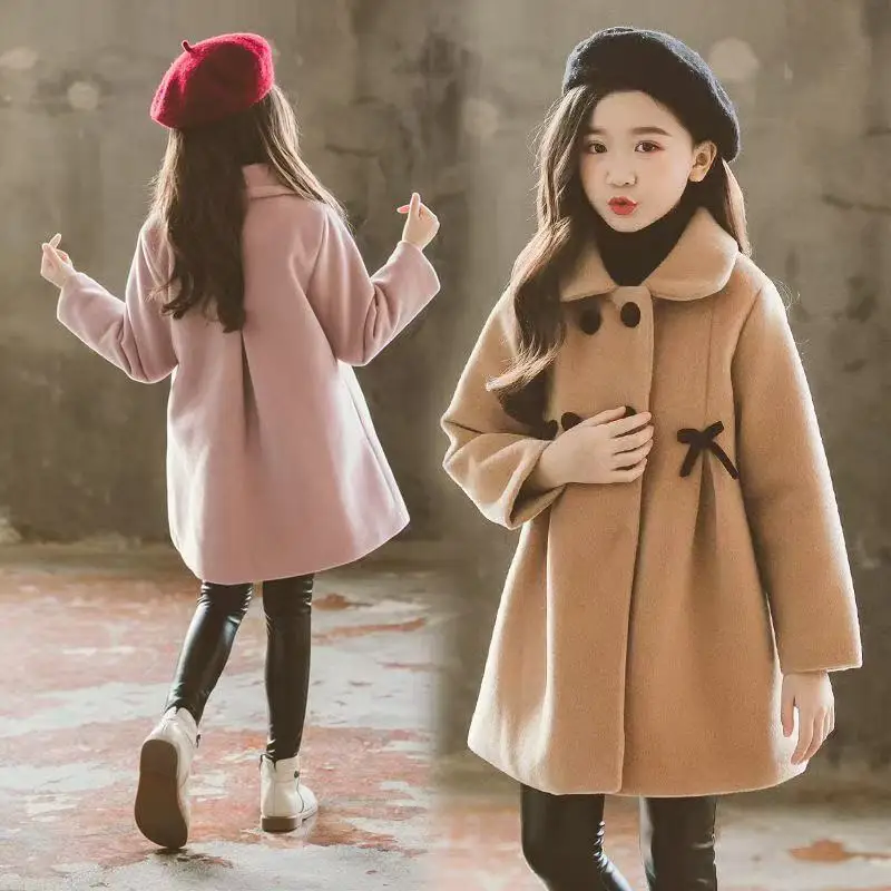 5 To 12 Years Old Girls Woolen Coat 2026 Autumn And Winter New Style Thickened Coat, Medium Long Fashion Baby Girls Outerwear