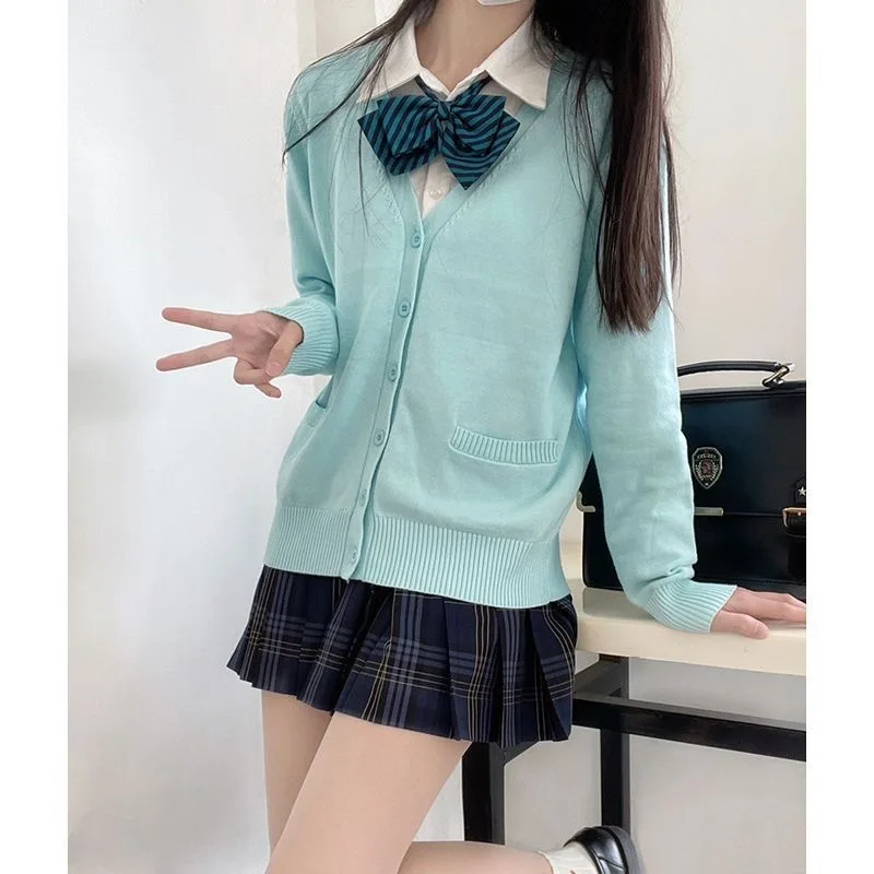 Suéter de malha de algodão japonês estilo universitário feminino, cardigã de manga comprida, uniforme JK, jaqueta gola V, blusa casual, azul Aqua