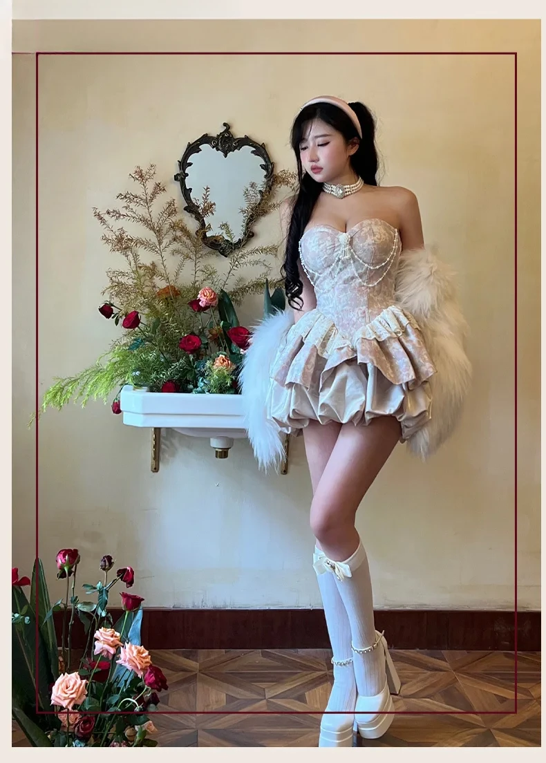 Sweet Elegance Retro Jacquard Strapless ชุดผู้หญิง Lolita น่ารักจี้มุก SLIM FIT Patchwork ชุดมินิเซ็กซี่ 2025