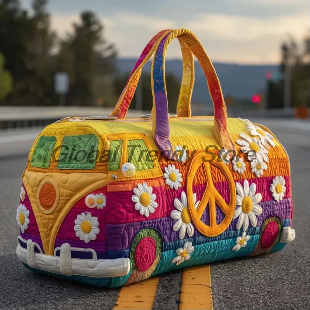 Men's Outdoor Quilted Duffle Bag Floral Peace Bus Print Travel Tote Handbag Women Casual Weekender Bag