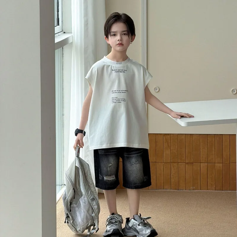 

Boys Sleeveless T-shirt Pure Cotton Summer 2026 New Children's Casual Printed Thin Pullover