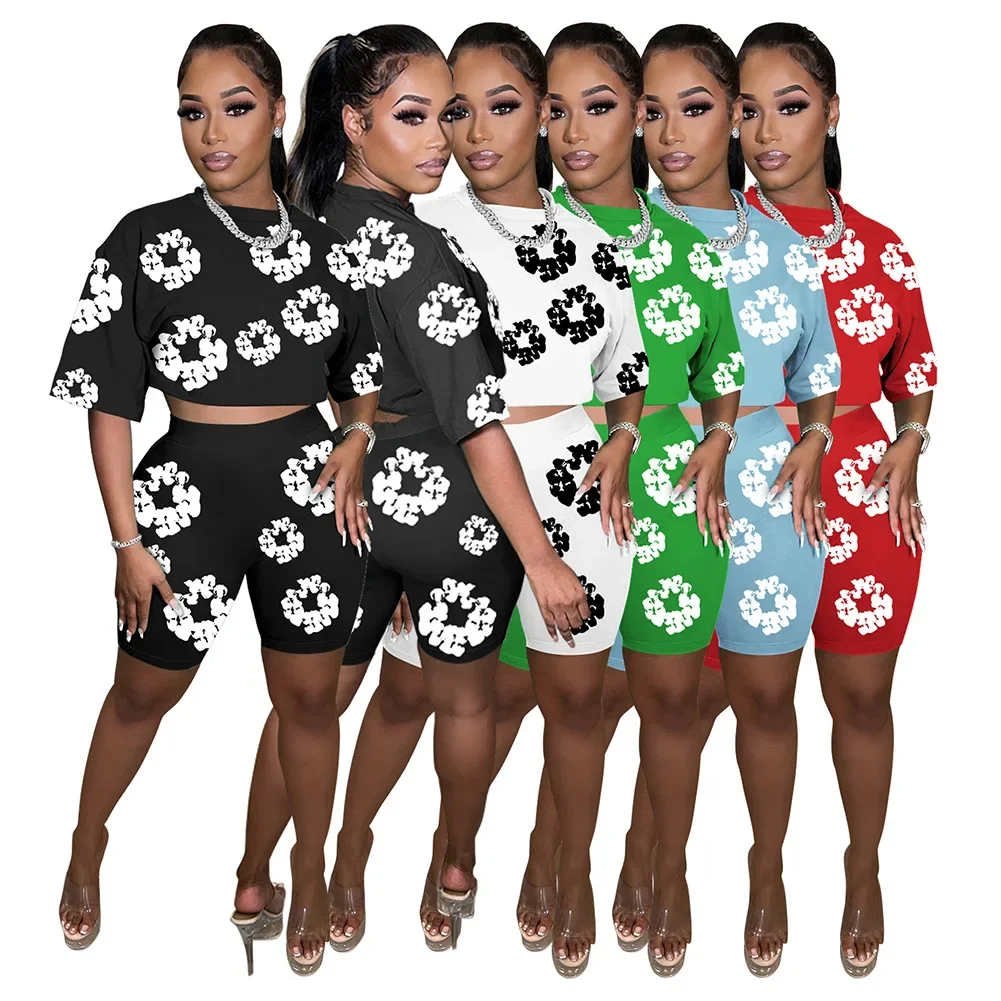 Women's Summer Round Neck Short sleeved Top Shorts Fashion Digital Positioning Printing 2-piece Set