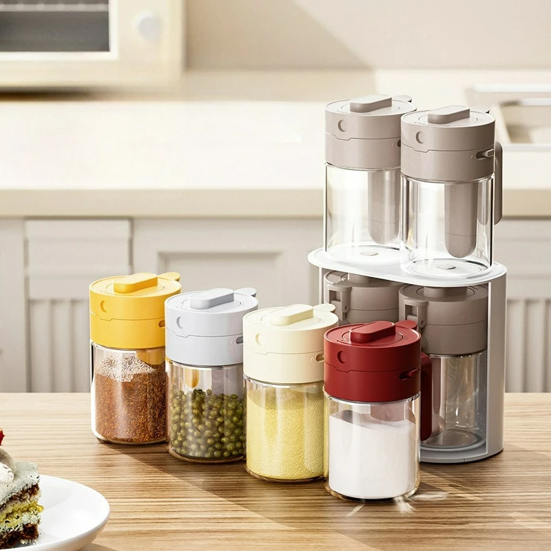 Multifunctional Seasoning Box Moisture-Proof Salt Container Clear Glass Seasoning Jar with Lid Spoon,Storage Rack Seasoning Box