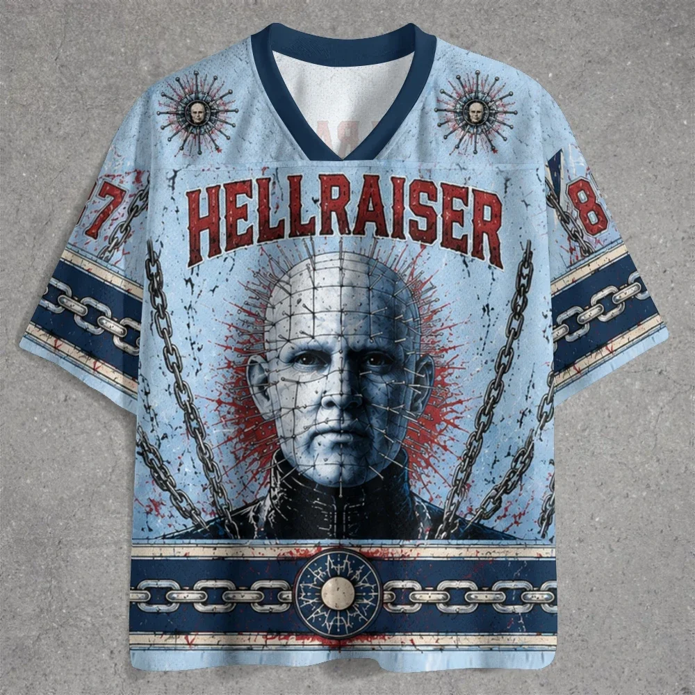 Herren Retro-Horrorfilm-Grafik-T-Shirt Halloween Streetwear Kurzarm V-Ausschnitt Top, Vintage Distressed 3D-Druck Party-Kostüm-T-Shirt – Detail 3