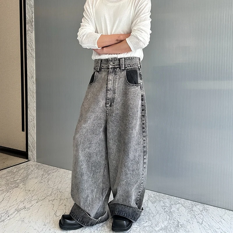 

Retro Waed Autumn Winter Wide Leg Jeans Men's 3D Structure Heavy Du Casual Pants Cotton Straight Cut Trousers