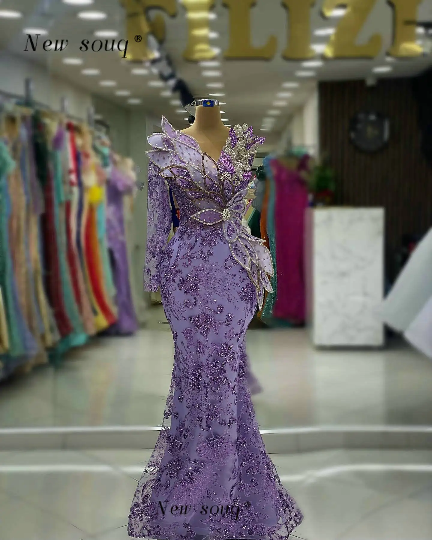 

Chic Design 3D Leaf Purple One Shoulder Evening Dresess Glitter Formal Mermaid Elegant Crystals Gowns for Wedding Party Vestidos