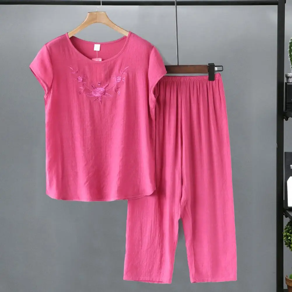 2Pcs/Set Middle-aged Mother Top Crop Pants Set Embroidery Loungewear O-neck Pajama Suit Elastic Waist Wide Leg Daily Outfit