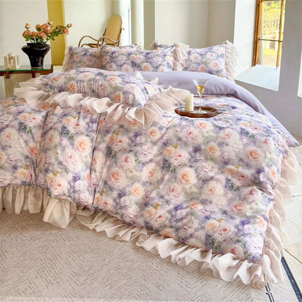 

Pink Flower Bedding Set Soft Luxury Bedroom Decor Comforter Ruffles Duvet Cover Set Pillowcase Bed Sheet Cotton Four Pieces Set