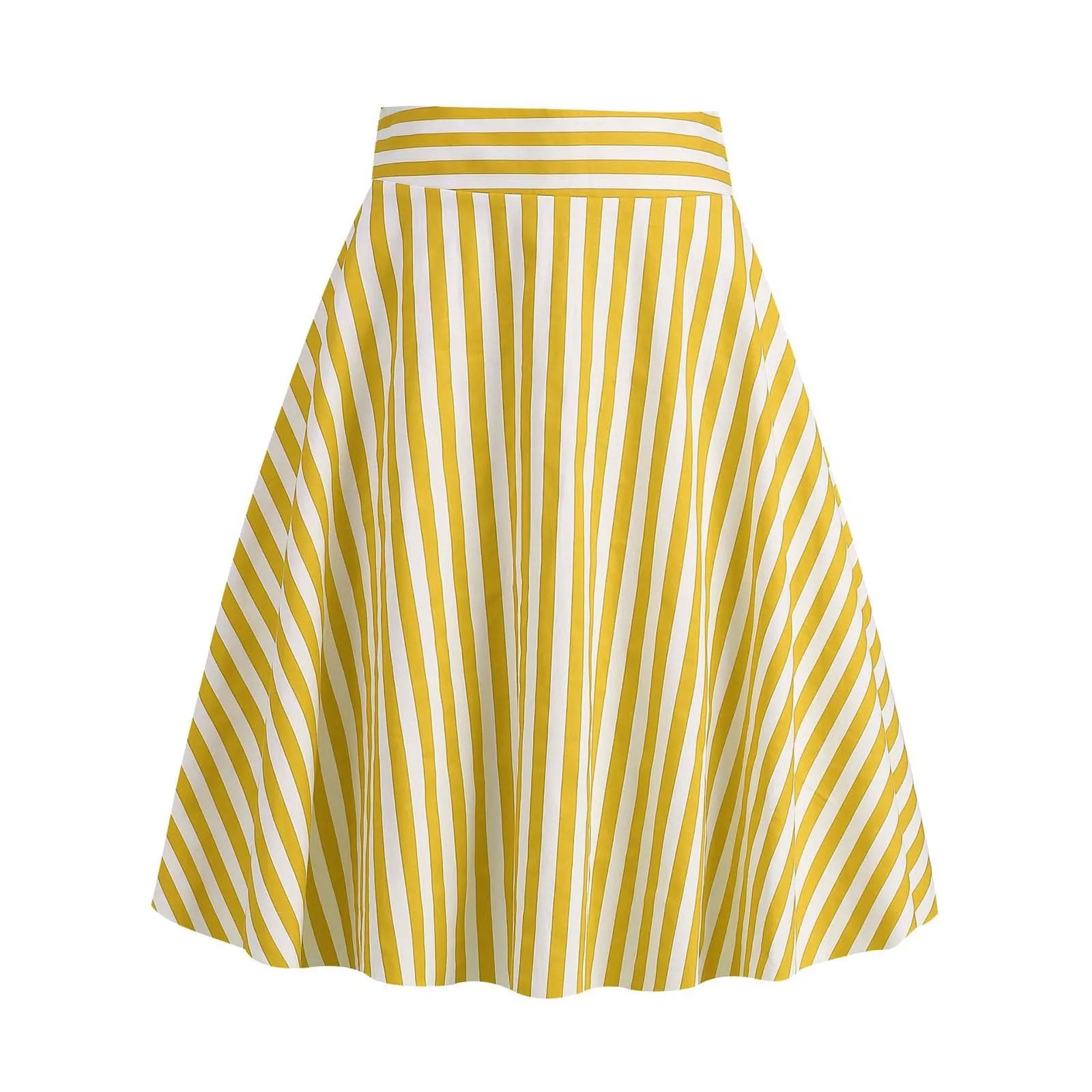 Summer Vintage Striped Knee Length Women\'s Skirt High Waist Red Yellow Blue Black 50s 60s A Line Swing Casual Party Skirts