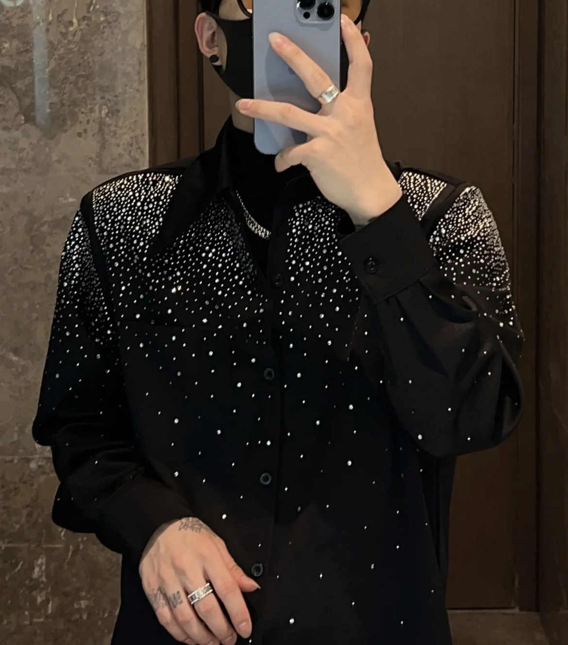 Camisa de strass manga comprida masculina, roupa casual de streetwear, camisas da moda, sem engomar, moda alta, nova moda, outono, 2023