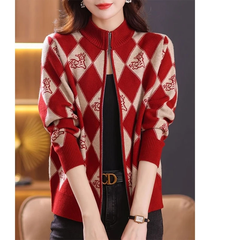 Loose Women's Knitted Sweater Zipper High Collar Short Open Cardigan Outerwear Korean Style Warmth Heating Diamond Pattern