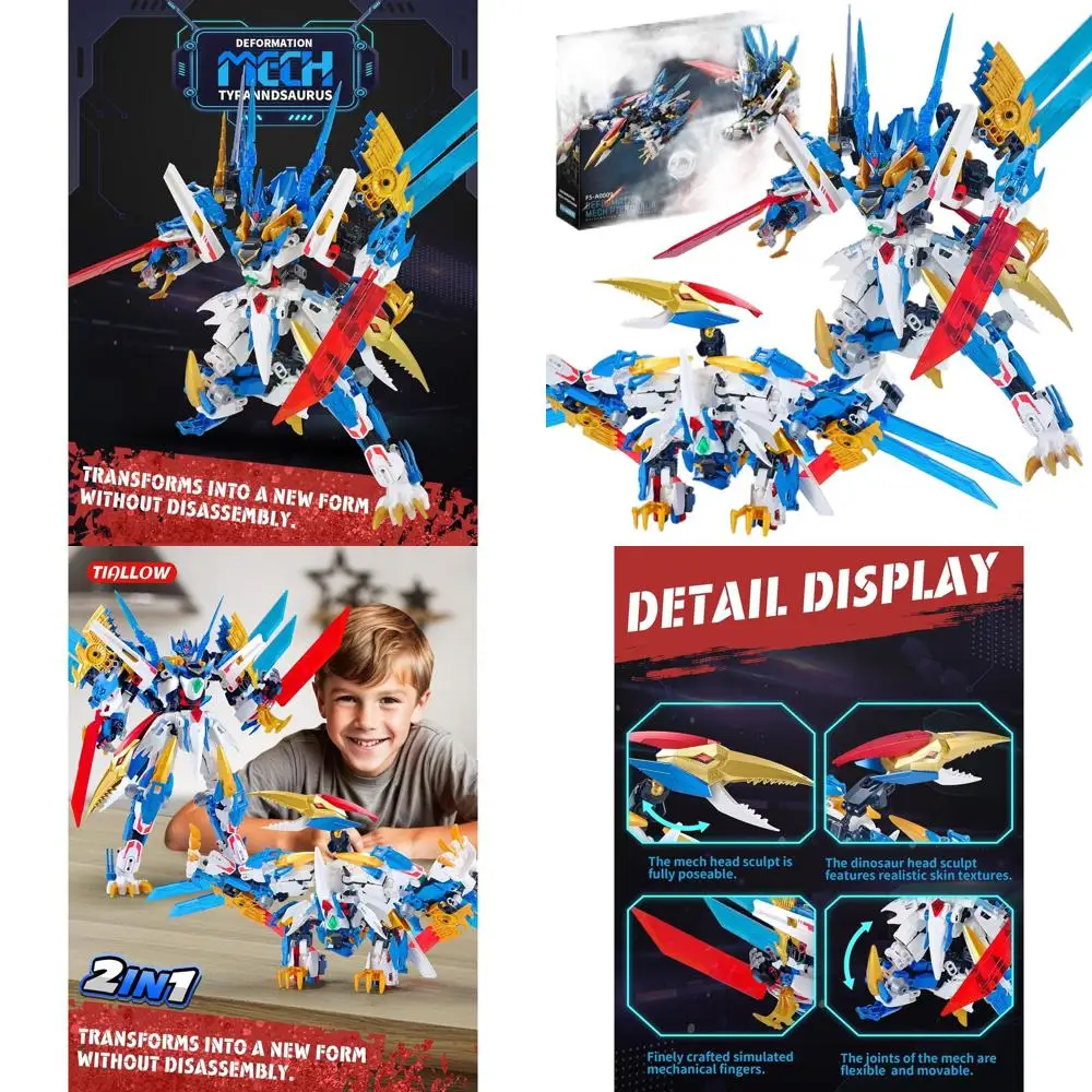 Dinosaurio y Mech que transforma bloques de construcción, kit de figuras de acción de pterosaurio, edades de 8 a 12 años