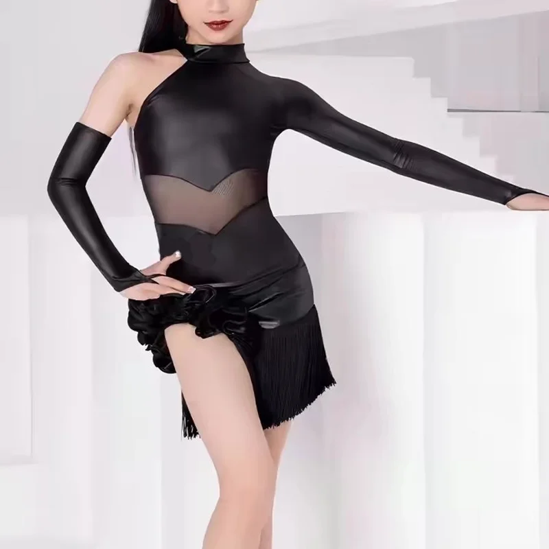 Girls Performance Costume One-Sleeve Black Fringe Skirt Kids Latin Dance Clothes Samba Cha-cha Competition Training Dress 2025