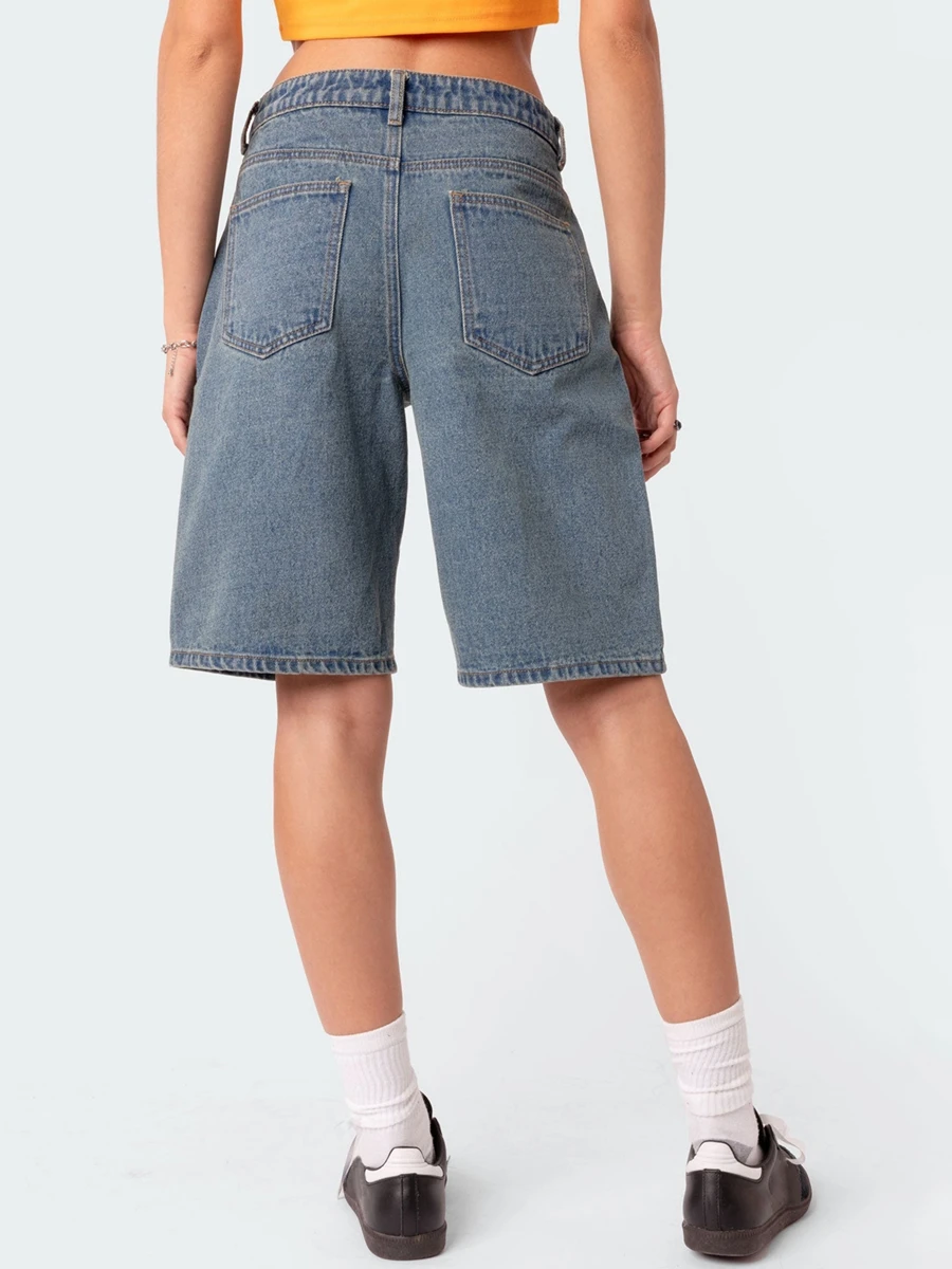 Shorts jeans casuais para mulheres, cintura baixa, streetwear de verão, jean elástico, perna larga, Y2k