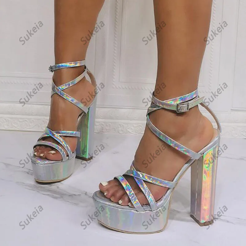 Sukeia Heiße Frauen Schnalle Sandalen Patent Chunky Heels Runde Kappe Ziemlich Bunte Silber Party Schuhe Damen UNS Größe 5-20