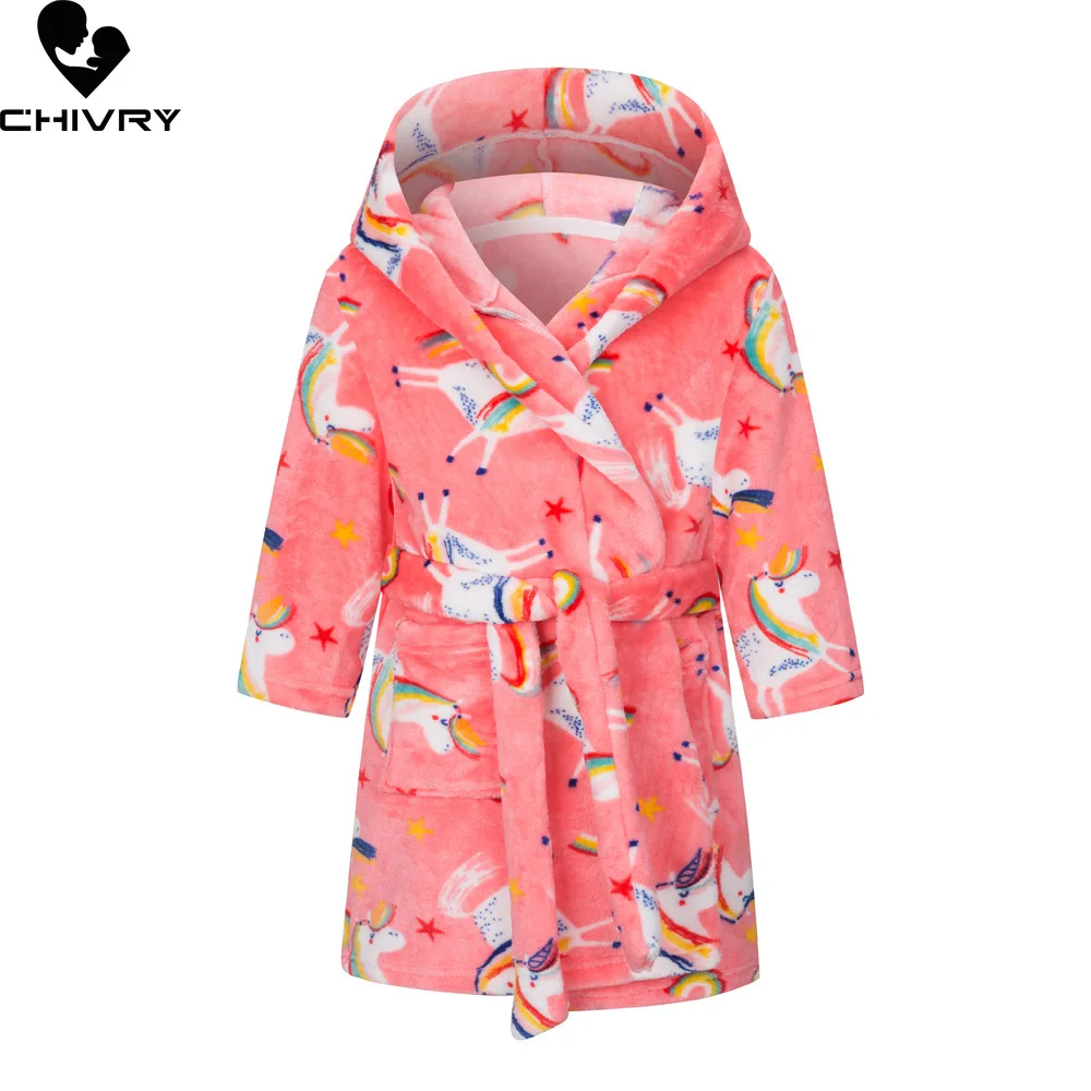 New Autumn Winter Kids Hooded Flannel Bathrobe Baby Bath Robes Boys Girls Cute Cartoon Soft Warm Pajamas Long Sleeve Towel Robe