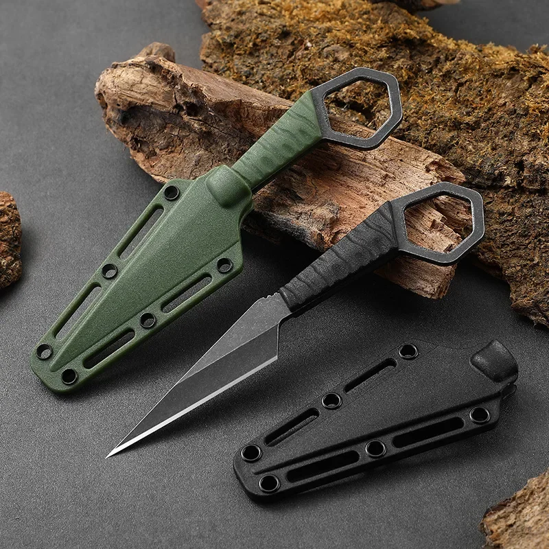 5CR13MOV Stainless Steel Sharp Small Fixed Blade Knife PP + Glass Handle Straight Camping Neck Knives Hand Tools With Scabbard