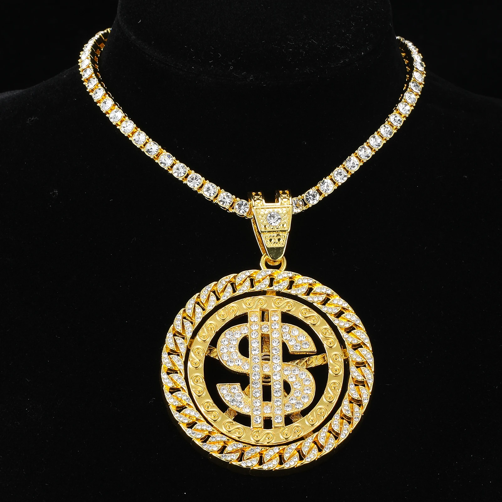 HIP HOP Rotatable Dollar Iced Out 13mm Miami Cuban Link Chain Pendant Necklaces Tennis Chain For Men\'s Women Rapper Jewelry