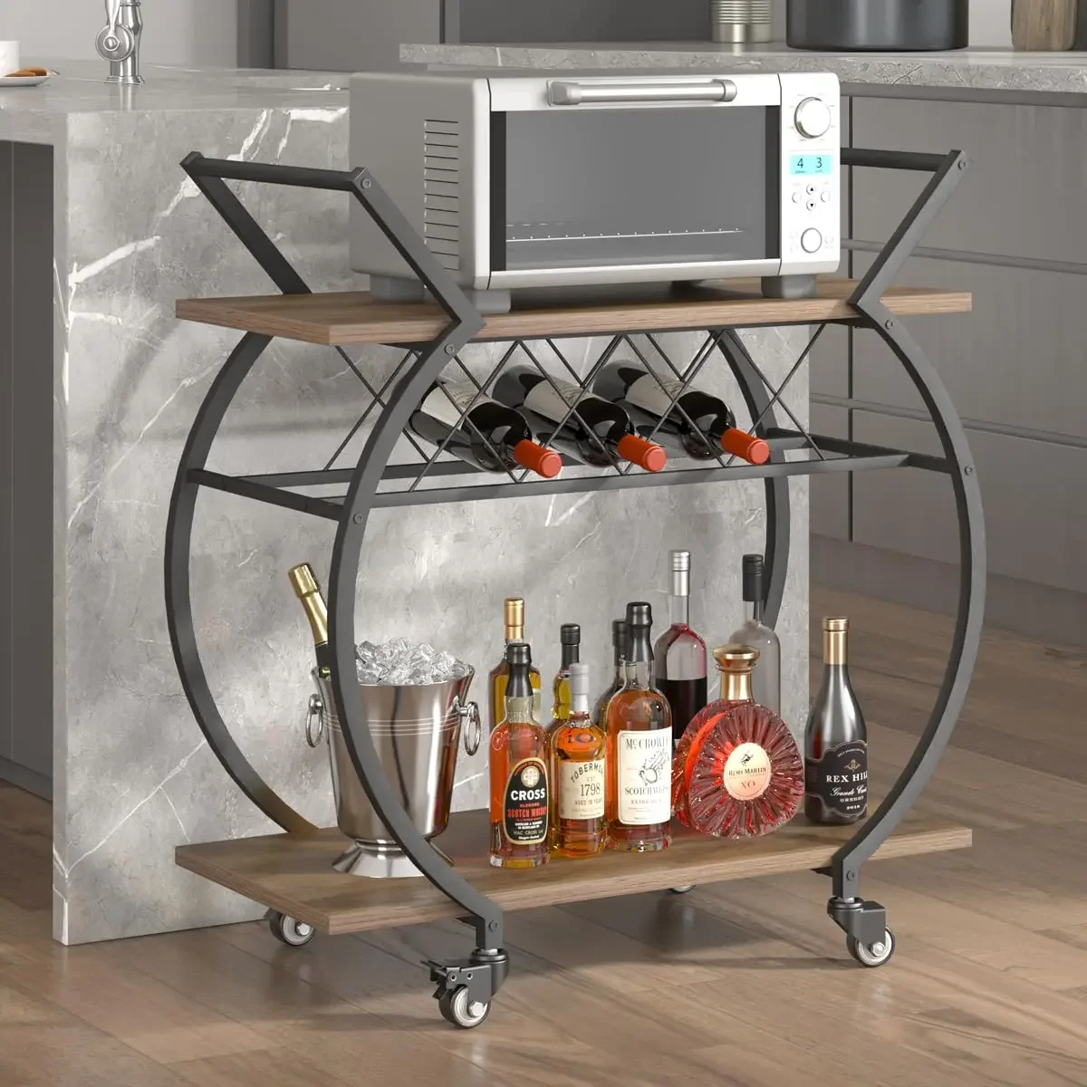 

«Современная промышленная мобильная сервировочная тележка, деревянная, металлическая, портативная барная тележка, 2-уровневая кухонная тележка на колесиках для хранения — удивительная настройка