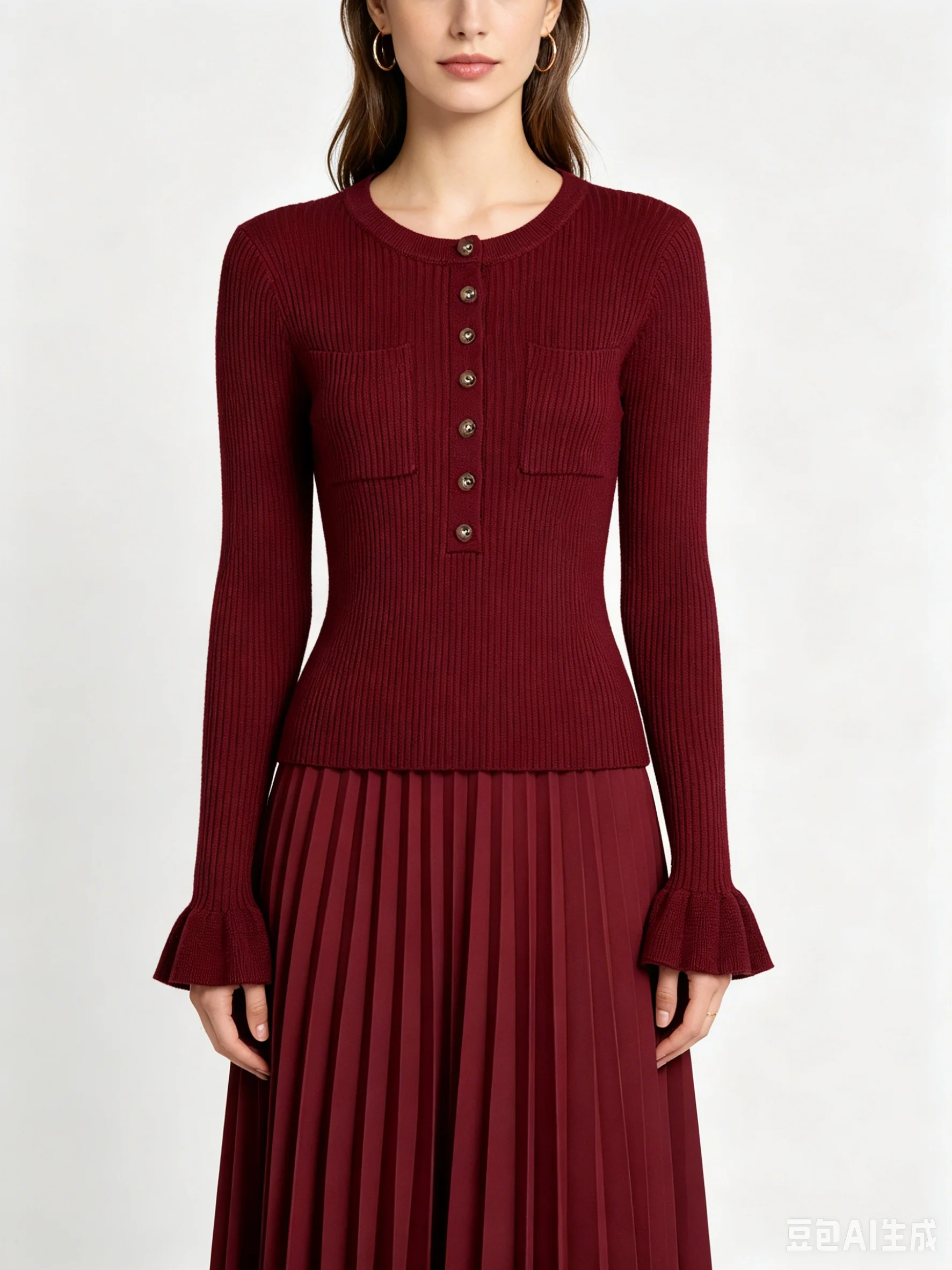

High Quality Spring And Autumn New Solid Color Slim Fit Long Sleeved Top Knitted Pullover+pleated Skirt Women's Set