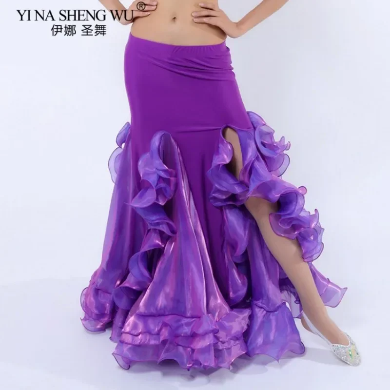 Women Belly Dance Performance Wrap Skirt Oriental Long Side Split Ruffle Skirt For Adult Dancing Training Stage Dancewear