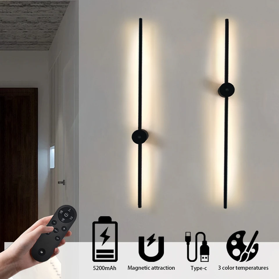 

Светодиодный настенный светильник с дистанционным управлением, 5200 мАч, сенсорный светильник с батарейным питанием, трехцветное затемнение, украшение для помещения, гостиная, коридор, спальня, освещение