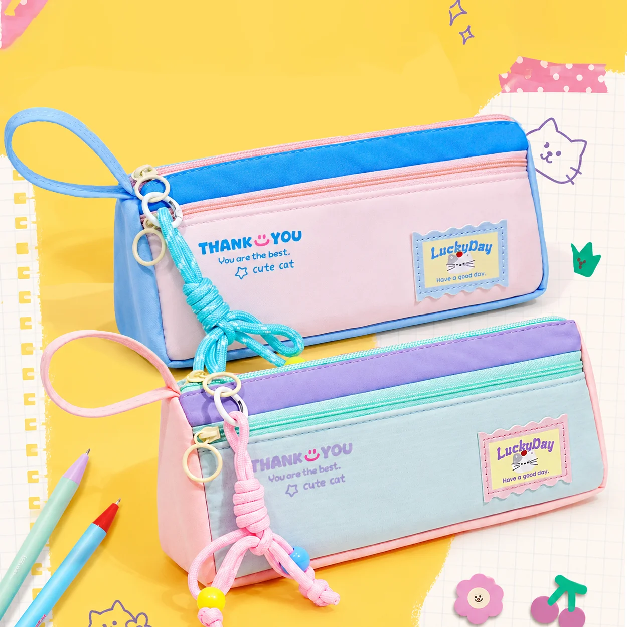 Cute Large Capacity Pencil Case for Girls Double Zipper Portable Pen Bag with Wrist Strap Beaded Charm School Stationery Organiz