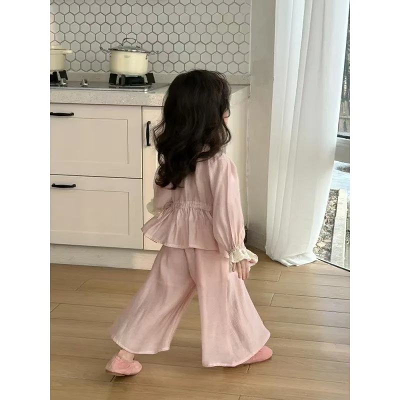 Girls Suit Summer New Korean Fashion Solid Color Thin Lace Shirt Wide Leg Pants Two Piece Set Girls Clothes